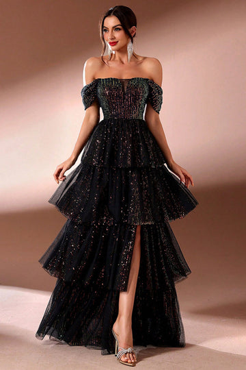 Sparkly Black Off the Shoulder Sequins Tiered Porm Dress with Slit